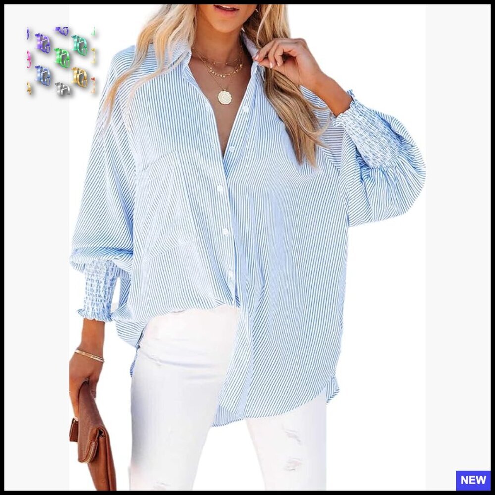 Oversized Striped Button Down Blouse Smocked Cuffs Casual Chic Y2K Style - Picture 1 of 7